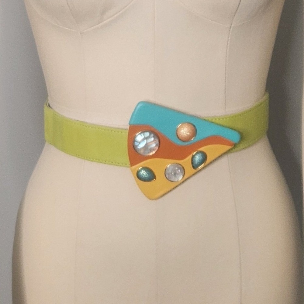 I.B. Diffusion Belt Women L Lime Green 80s Vintage Linda Waldorf Triangle OOAK